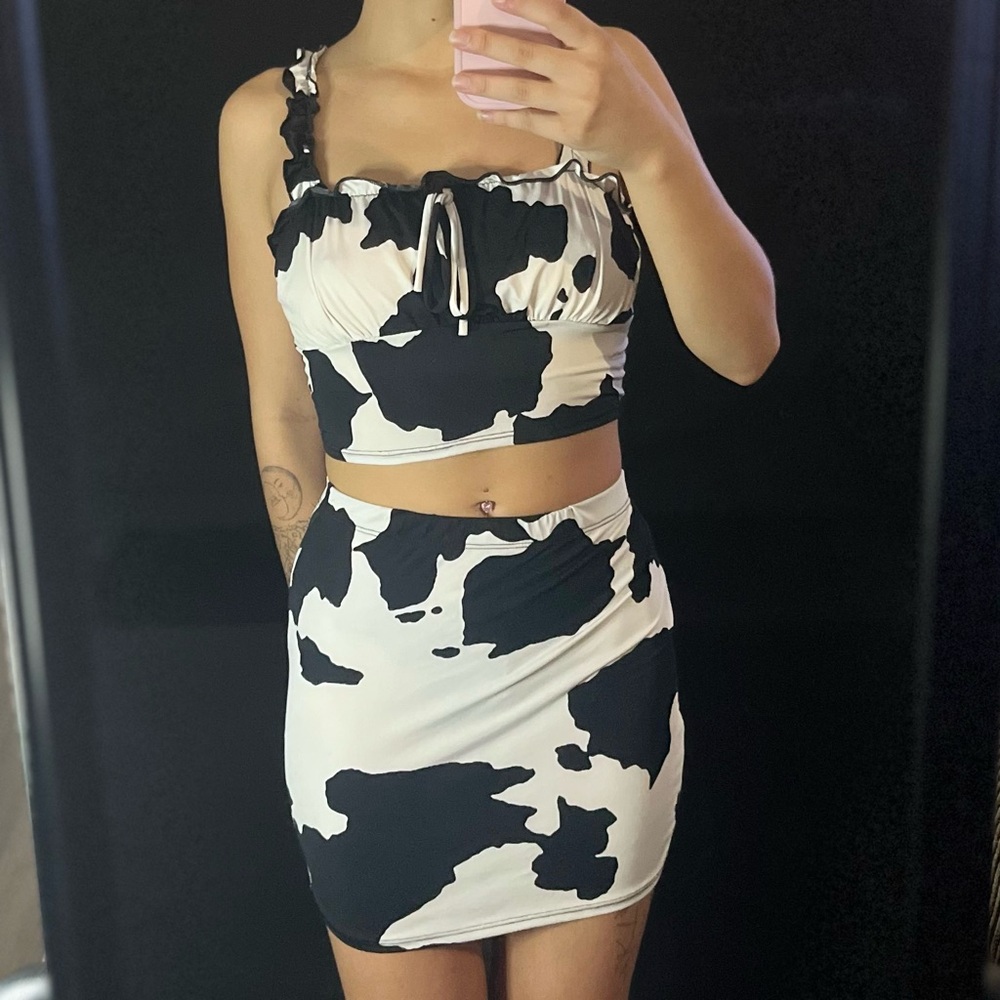 Cow Print Crop top Skirt Set for Rave